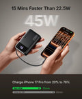 Hella Compact 20000mAh Power Bank With 45W Fast Charging charging an iPhone with quick charge indicator.