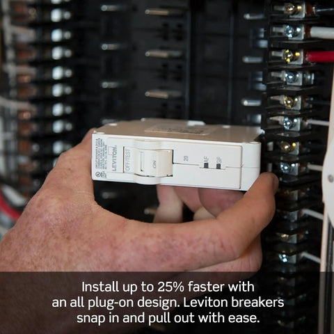 Hand installing Leviton breaker in 20 Space 20 Circuit Indoor Load Center With Main Lugs LP222 LPD For Easy Rough In Wiring