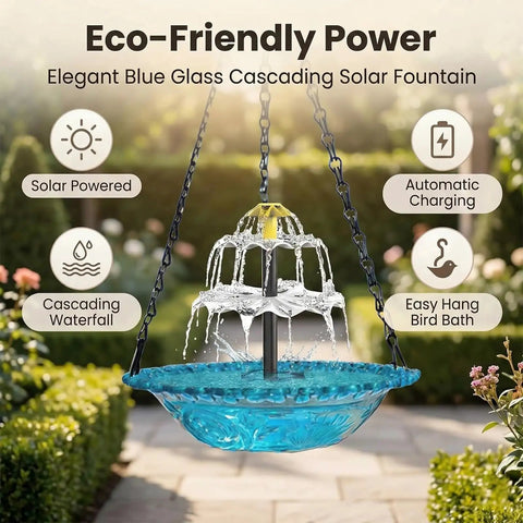 Solar Powered Hanging Bird Bath Fountain With Cascading Water Feature For Gardens And Patios displayed in garden.