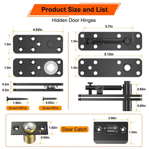 Hidden door hinge kit in black solid alloy steel with 360° pivot; includes mounting plates, screws, and door catch.