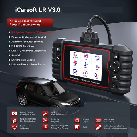 LR V3.0 2026 Bi-Directional OBD2 Scanner For Most Land Rover And Jaguar 1996-2023 on vehicle dashboard with icons on screen