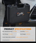 Pro Grade 33 Piece Cooling System Pressure Tester And Vacuum Refill Kit held in hands, black rugged case with specifications visible.