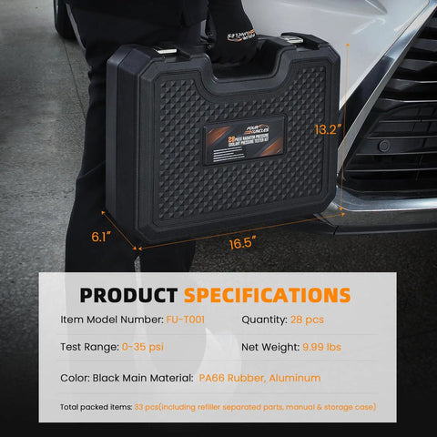 Pro Grade 33 Piece Cooling System Pressure Tester And Vacuum Refill Kit held in hands, black rugged case with specifications visible.