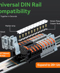 No Sweat Universal DIN Rail Terminal Blocks Kit with 20 wire connectors, marker strips, connection bars, screws, end stoppers