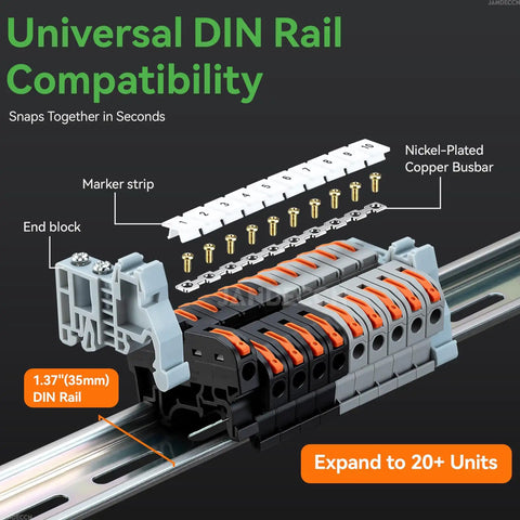 No Sweat Universal DIN Rail Terminal Blocks Kit with 20 wire connectors, marker strips, connection bars, screws, end stoppers