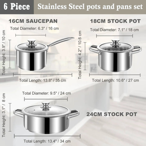 Six Piece Stainless Steel Pots And Pans Set With Nonstick Coating Induction Compatible And Oven Safe Includes 2 Qt Saucepan