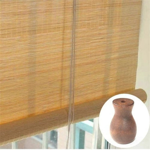 Slick Wood Window Blind Cord Knobs 12 Pack Brown Vase Shape with curtain drop cap in use on window blinds.