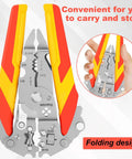 No Sweat Folding Wire Stripper Crimper 14 In 1 Multifunctional Pliers with insulated handles for easy grip and folding design.