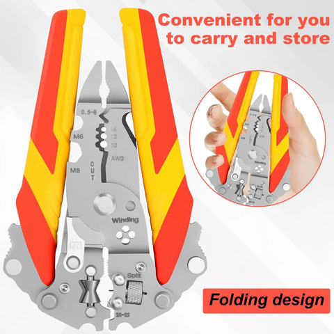 No Sweat Folding Wire Stripper Crimper 14 In 1 Multifunctional Pliers with insulated handles for easy grip and folding design.