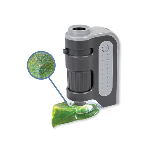 MicroBrite Plus 60x 120x LED Lighted Pocket Microscope Set Of 4 For Grab And Go Inspecting With Aspheric Internal Lens System Compact Portable Magnification For Home Lab Hobby And Fieldwork Requires 1 AA Battery Not Included Black And Grey, close-up on leaf