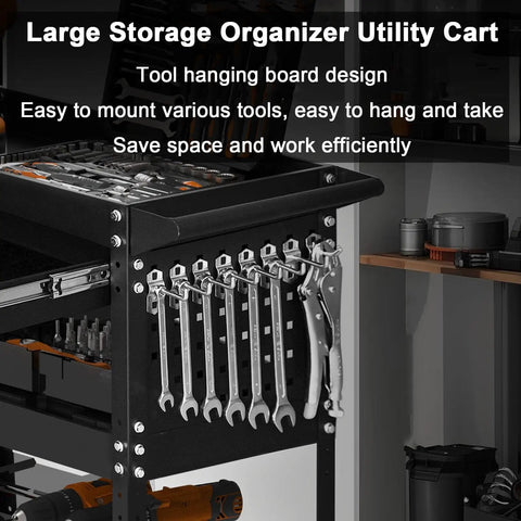 Built Tough Heavy Duty Steel Push Cart With Three Tier Shelves Lockable Drawer And Pegboard Organizer For Garage Shop Setup Smooth Gliding Casters On Hard Surfaces