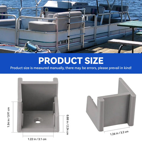 Two Pair Left And Right Pontoon Door Stop Kit With Anti Rattle Design shown in gray, dimensions labeled for boat mounting.