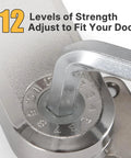 Close-up of chrome lid stay hinge with 12-level tension dial for heavy-duty cabinet lids