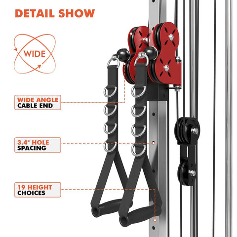 Detail of Wall Mount Cable Crossover Machine With Dual Pulleys And 19 Adjustable Positions for Home Gym, red color, close-up
