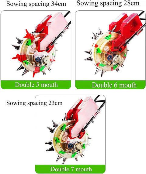 Image of Handheld Seed And Fertilizer Spreader With Dual Buckets, showing different sowing spacings and double seeder mouths.