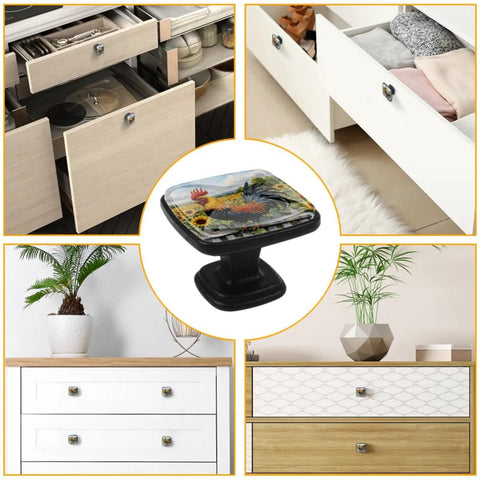 4 Pack Square Kitchen Cabinet Knobs Sunflower Rooster Design Dope Black Glass ABS Drawer Pulls in various furniture settings