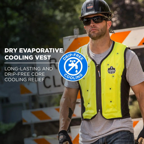 Stay Cool Without Breaking A Sweat With This Premium Dry Evaporative Cooling Vest Zip Front Design Size 4X Large worn by worker.
