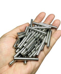 64 Pack 5mm x 40mm Dowel Pins for Shelves and Furniture, 304 Stainless Steel Wood Pegs For Tight Fits, Ground Precision Tolerances, Built Tough Metal Dowel Rods For Everyday Repairs in hand