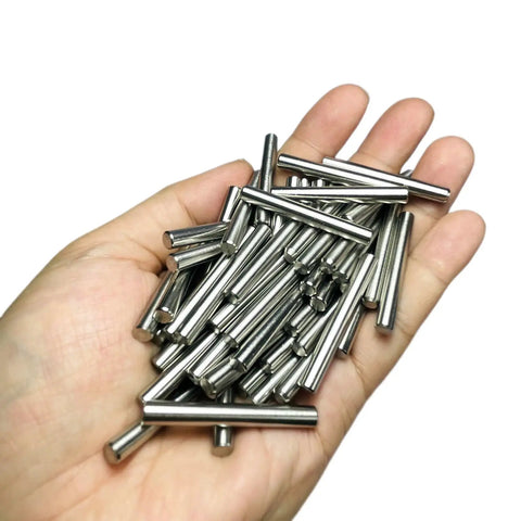 64 Pack 5mm x 40mm Dowel Pins for Shelves and Furniture, 304 Stainless Steel Wood Pegs For Tight Fits, Ground Precision Tolerances, Built Tough Metal Dowel Rods For Everyday Repairs in hand
