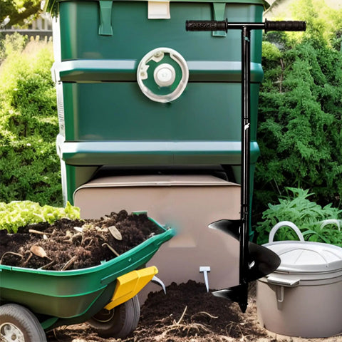 Easy To Use Outdoor Compost Aerator Tool For Manual Turning And Stirring Rotating Aerator shown next to a compost bin.