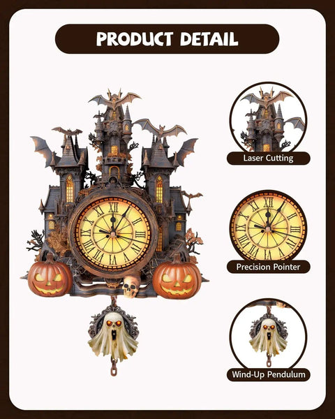 Halloween Castle 3D Puzzle Clock Kit For Adults With Pendulum DIY Wooden Clock Puzzle For Home Decor Gothic Cottage Vibe
