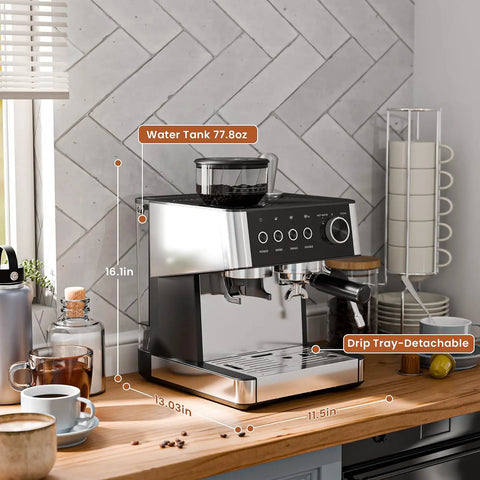No Fuss Home Espresso Machine With Built In Grinder And Stainless Steel Milk Frother Wand For Killer Lattes And Smooth Shots Quick 20 Bar Brew Setup For Your Daily Grind on kitchen counter with water tank and detachable drip tray.
