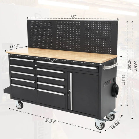 61-Inch Heavy-Duty Rolling Tool Chest And Mobile Workbench With Nine Drawers, Rubber Wood Top, Locking System, Rugged Wheels