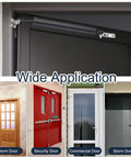 Pneumatic Storm Door Closer With Hold Open Feature Heavy Duty Metal Auto Closer For Security Doors And Screens Adjustable Closing Speed And Latch White Finish Fits 500 To 900 Mm Wide Doors, mounted on storm and security doors