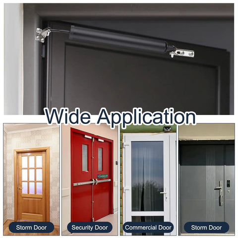 Pneumatic Storm Door Closer With Hold Open Feature Heavy Duty Metal Auto Closer For Security Doors And Screens Adjustable Closing Speed And Latch White Finish Fits 500 To 900 Mm Wide Doors, mounted on storm and security doors