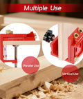 Heavy Duty Aluminum Adjustable Pocket Hole Jig Kit With Laser Engraved Inch And Metric Scales For Dead Nuts Drilling Accuracy And No Sweat Cabinet Making Workflow showing parallel and vertical uses.