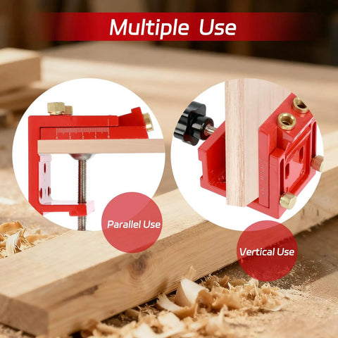 Heavy Duty Aluminum Adjustable Pocket Hole Jig Kit With Laser Engraved Inch And Metric Scales For Dead Nuts Drilling Accuracy And No Sweat Cabinet Making Workflow showing parallel and vertical uses.