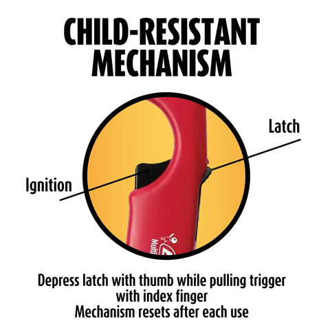 Close-up of child-resistant mechanism on Long Wand Utility Lighters 4 Pack In Assorted Colors For Grills Fireplaces And Candles Durable Metal Shaft Safe Reach Refillable Multi Purpose Lighters For Quick Starts And Everyday Fire Needs, showing ignition and latch.