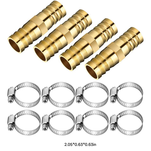 Top Notch Garden Hose Repair Kit With Four Solid Brass Connectors And Eight Stainless Steel Clamps, Perfect For Fixing Leaky Hoses On 0.63 To 0.75 Inch Lines At Home Or In The Yard Without Any Hassle. Four brass hose connectors and eight stainless steel clamps, 2.05*0.63*0.63in