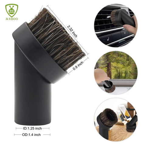 Horsehair round brush from Eight Piece Vacuum Attachment Kit For One And A Quarter Inch Vacuums Including Crevice Tool, Horsehair Round Brush, Utility Nozzle With Brush, Upholstery Tool, Brush And Nozzle Combo, And Two Extension Tubes, used for cleaning car interiors and surfaces.
