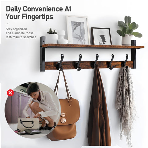 29 Inch Rustic Wall Coat Rack With Shelf And Hooks Entryway Organizer For Living Room Bedroom Or Bathroom Heavy Duty Black Finish 80 Lbs Capacity Perfect Storage And Display with items hanging and shelf decor