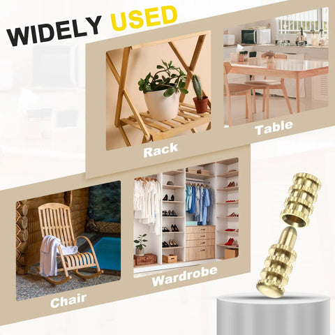 Genuine Brass Table Leaf Dowel Pins 10 Pack Solid Bolt Sleeve Connectors For Furniture Fixes shown with various furniture types.