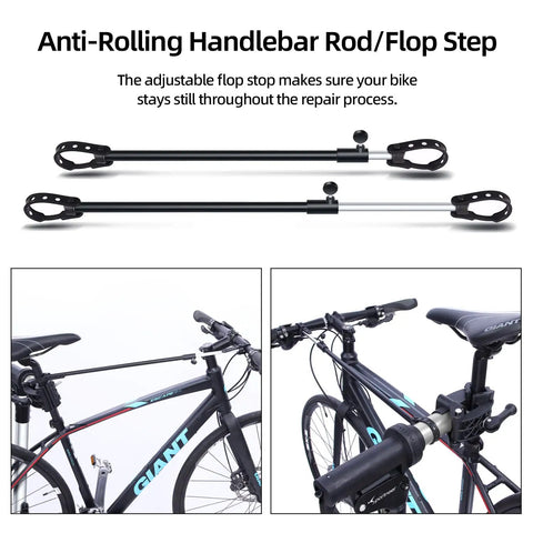 Foldable Bike Repair Stand With Height Adjustable Arm, anti-rolling handlebar rod stabilizes bike during maintenance