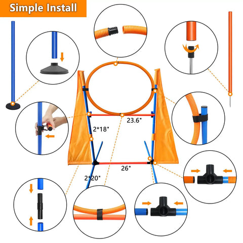 Diagram showing assembly instructions for All In One Dog Agility Training Kit For Epic Backyard Fun And Indoor Play With Tire Jump.