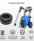 4 Pack Heavy Duty Rubber Foot Pads 2.5 Inch Round Bumpers Vibration Dampeners next to a blue pressure washer