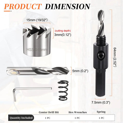 15mm Hole Saw Cutter Kit with 4241 High Speed Steel blade, drill bit, hex key, and spring for thin metal and PVC boards.