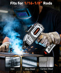 Portable 110V Arc Welder With IGBT Inverter, 20 To 120A Adjustable Current, handheld stick welder in action on metal