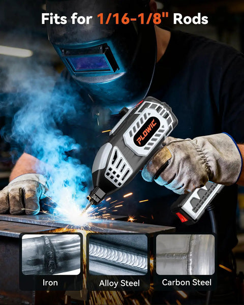 Portable 110V Arc Welder With IGBT Inverter, 20 To 120A Adjustable Current, handheld stick welder in action on metal