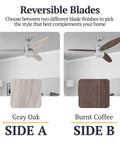52 Inch Smart Ceiling Fan With Light And Remote, Dual Mounting Options, Dual Finish Blades in Gray Oak and Burnt Coffee