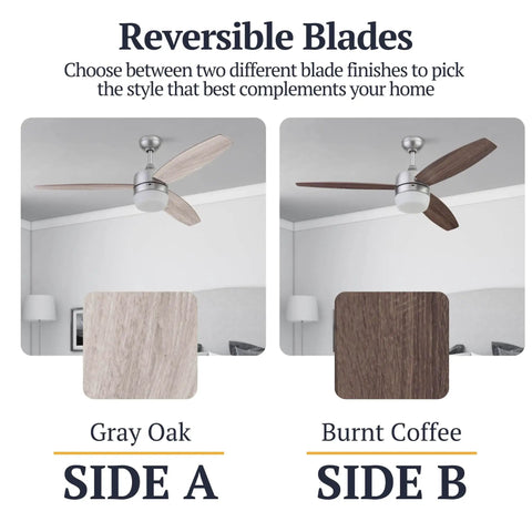 52 Inch Smart Ceiling Fan With Light And Remote, Dual Mounting Options, Dual Finish Blades in Gray Oak and Burnt Coffee