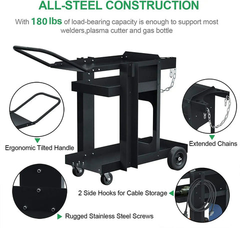 Diagram of 3 Tier Rolling Welding Cart For Mig Tig Arc Plasma Cutter Machines, showing features like 180 lb capacity and cable hooks