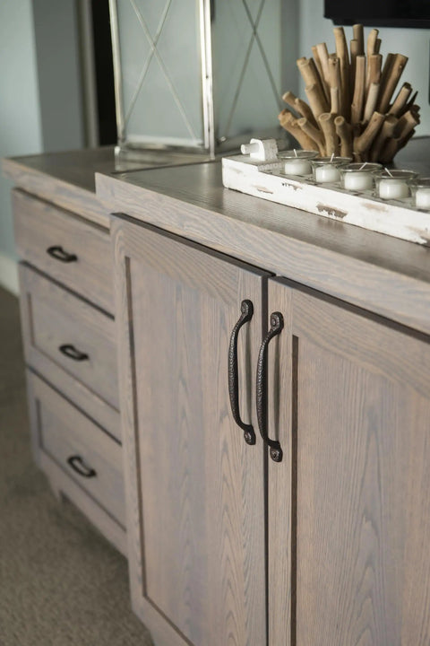 Solid Core Cabinet Pulls Set of 10 in Rustic Iron on wooden cabinet, 3 Inch Center to Center, Refined Rustic Collection