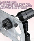Rechargeable Hydraulic Hole Punch Kit With Six Dies 22 To 60Mm in use on metal sheet, demonstrating hole punching precision.