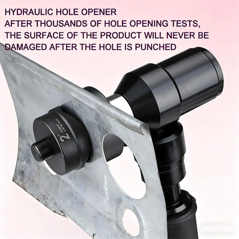 Rechargeable Hydraulic Hole Punch Kit With Six Dies 22 To 60Mm in use on metal sheet, demonstrating hole punching precision.
