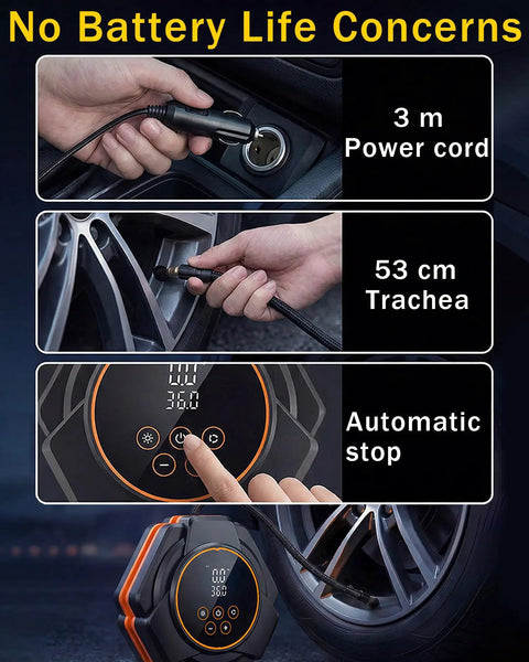 150 PSI Portable Tire Inflator Air Compressor. 4X Faster Inflation For Cars And Bikes. Dual Digital Display, Auto Shut-Off, And Bright LED Light. Compact Handheld Pump With 12V DC Car Plug. Fast Precise Air Flow At 35L Min Max Pressure.