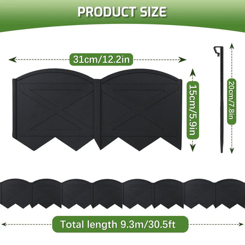 No Dig 20ft Landscape Edging Kit with size details, including 6-inch tall border and 20 stakes, flexible for flower beds and borders.